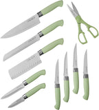 The Pioneers Womans 11-Piece Stainless Steel Knife Set with Floral Block - Ergonomic Soft Grip Handles, Durable Chef, Bread, Nakiri, Utility, Paring Knives, Steak Knives, and Shears (Sage Green)