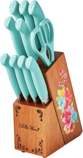 The Pioneers Womans 11-Piece Stainless Steel Knife Set with Floral Block - Ergonomic Soft Grip Handles, Durable Chef, Bread, Nakiri, Utility, Paring Knives, Steak Knives, and Shears (Sage Green)