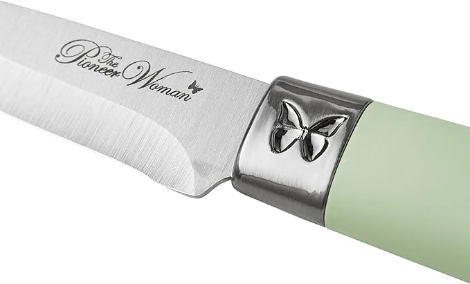 The Pioneers Womans 11-Piece Stainless Steel Knife Set with Floral Block - Ergonomic Soft Grip Handles, Durable Chef, Bread, Nakiri, Utility, Paring Knives, Steak Knives, and Shears (Sage Green)