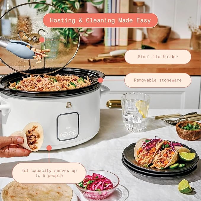 Beautiful 4Qt Slow Cooker with Touch-Activated Display, 4 Cooking Presets, Dishwasher-Safe Pot, Tempered Glass Lid, Cool-Touch Handles, Non-Skid Feet, White Icing Finish, Perfect for Family Meals