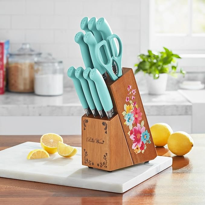The Pioneers Womans 11-Piece Stainless Steel Knife Set with Floral Block - Ergonomic Soft Grip Handles, Durable Chef, Bread, Nakiri, Utility, Paring Knives, Steak Knives, and Shears (Sage Green)