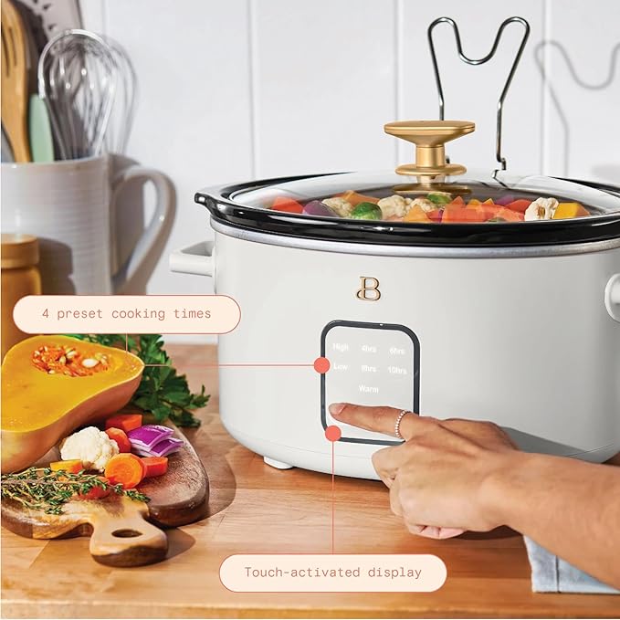 Beautiful 4Qt Slow Cooker with Touch-Activated Display, 4 Cooking Presets, Dishwasher-Safe Pot, Tempered Glass Lid, Cool-Touch Handles, Non-Skid Feet, White Icing Finish, Perfect for Family Meals