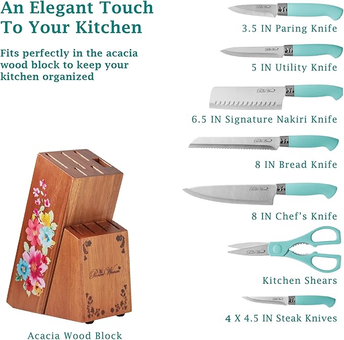 The Pioneers Womans 11-Piece Stainless Steel Knife Set with Floral Block - Ergonomic Soft Grip Handles, Durable Chef, Bread, Nakiri, Utility, Paring Knives, Steak Knives, and Shears (Sage Green)