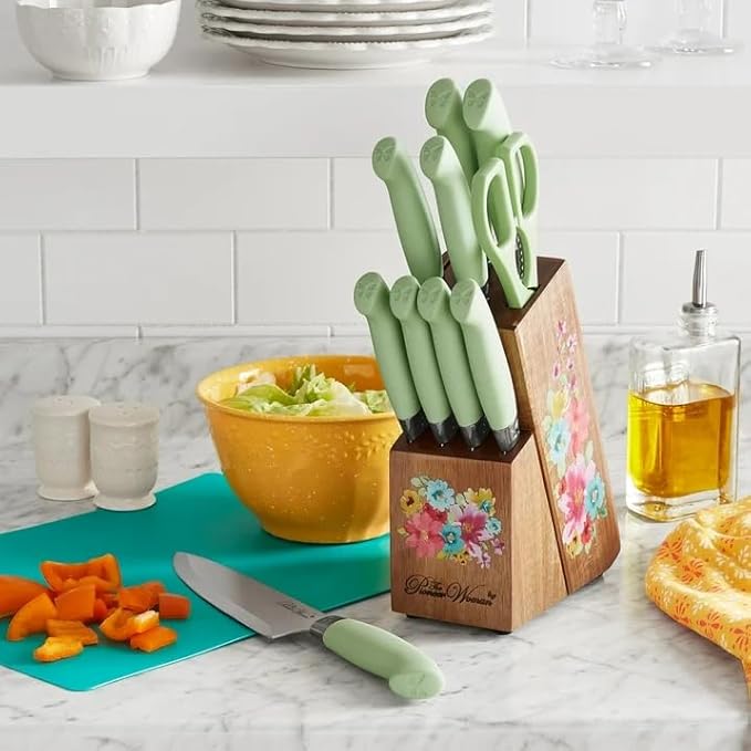 The Pioneers Womans 11-Piece Stainless Steel Knife Set with Floral Block - Ergonomic Soft Grip Handles, Durable Chef, Bread, Nakiri, Utility, Paring Knives, Steak Knives, and Shears (Sage Green)