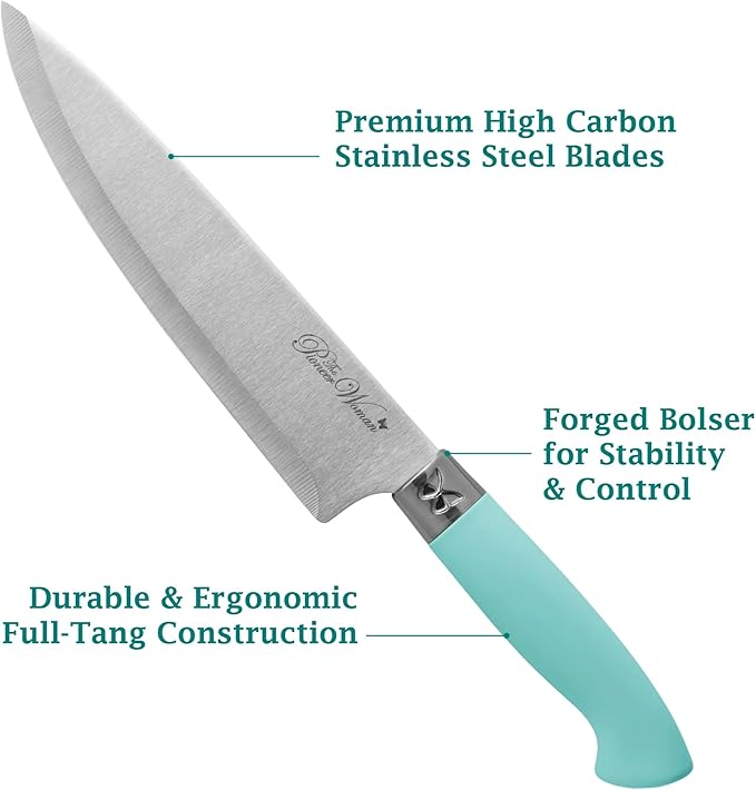 The Pioneers Womans 11-Piece Stainless Steel Knife Set with Floral Block - Ergonomic Soft Grip Handles, Durable Chef, Bread, Nakiri, Utility, Paring Knives, Steak Knives, and Shears (Sage Green)