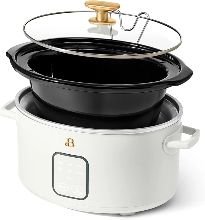 Beautiful 4Qt Slow Cooker with Touch-Activated Display, 4 Cooking Presets, Dishwasher-Safe Pot, Tempered Glass Lid, Cool-Touch Handles, Non-Skid Feet, White Icing Finish, Perfect for Family Meals