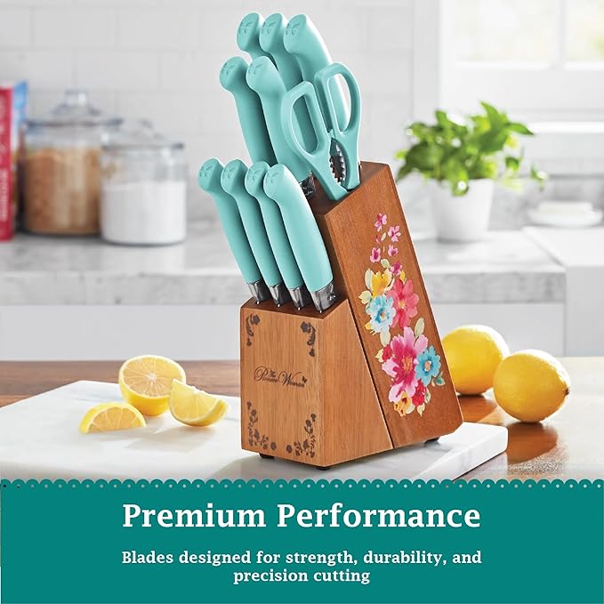 The Pioneers Womans 11-Piece Stainless Steel Knife Set with Floral Block - Ergonomic Soft Grip Handles, Durable Chef, Bread, Nakiri, Utility, Paring Knives, Steak Knives, and Shears (Sage Green)