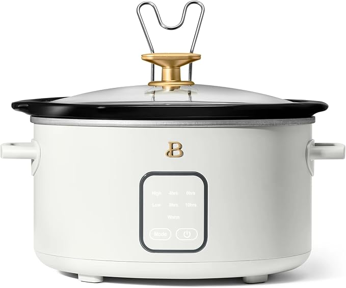 Beautiful 4Qt Slow Cooker with Touch-Activated Display, 4 Cooking Presets, Dishwasher-Safe Pot, Tempered Glass Lid, Cool-Touch Handles, Non-Skid Feet, White Icing Finish, Perfect for Family Meals