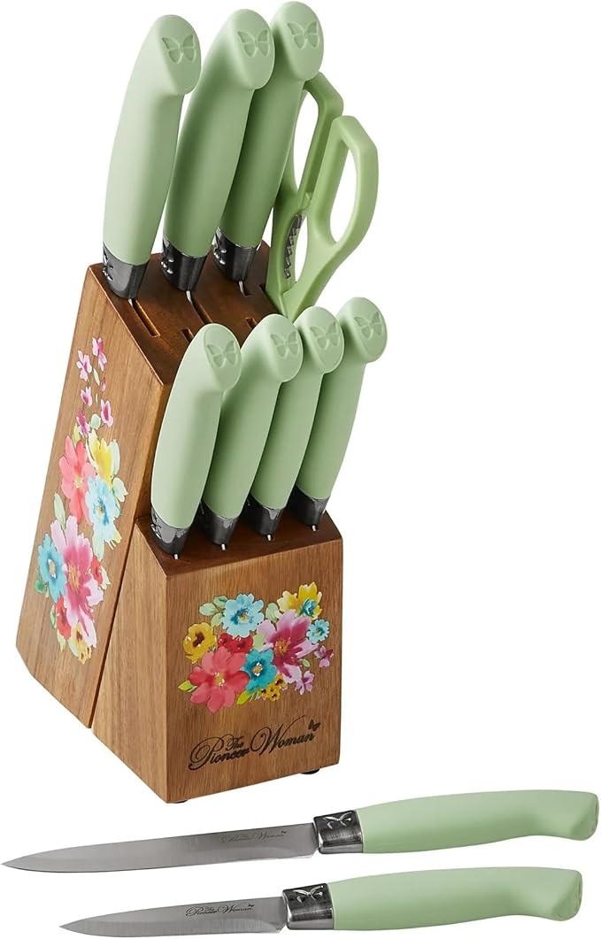 The Pioneers Womans 11-Piece Stainless Steel Knife Set with Floral Block - Ergonomic Soft Grip Handles, Durable Chef, Bread, Nakiri, Utility, Paring Knives, Steak Knives, and Shears (Sage Green)